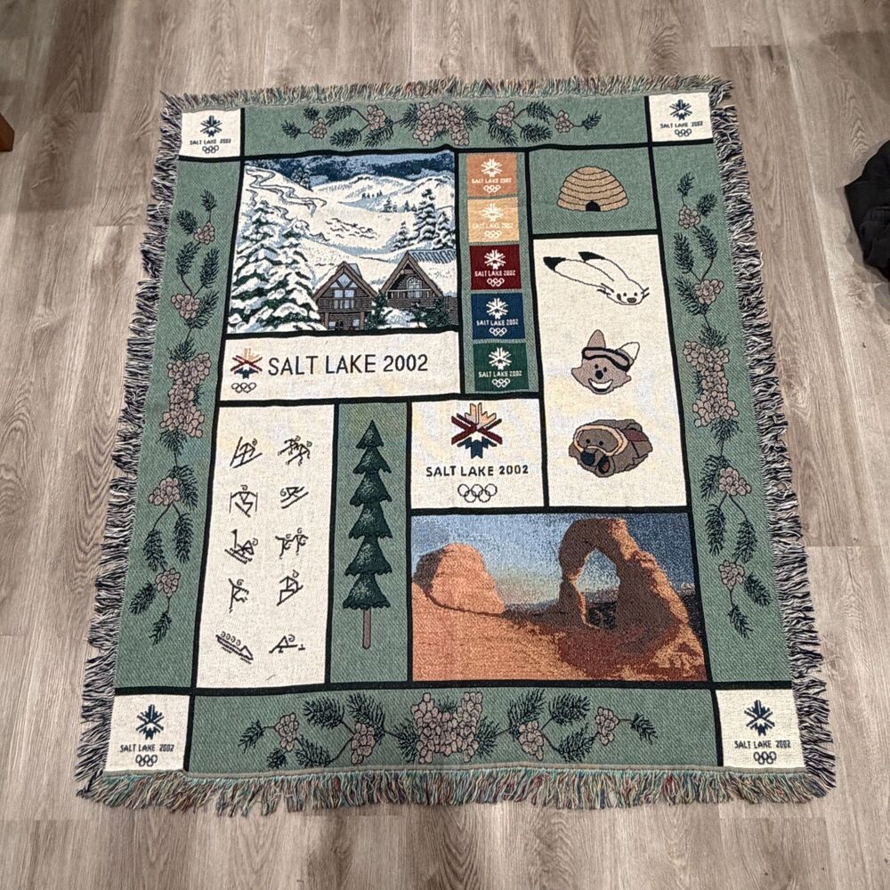 NWT Salt Lake 2002 Winter Olympics Woven Tapestry Blanket Green Mascot Utah